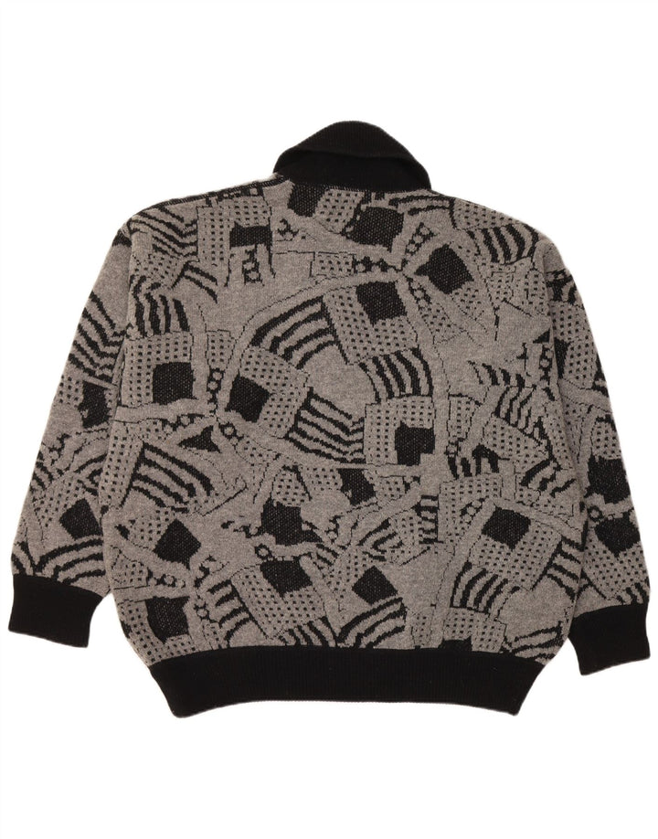 VINTAGE Dame Shawl Neck Jumper Sweater UK 16 Stor Grå Geometrisk