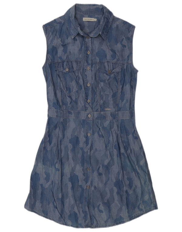 Calvin Klein ærmeløs skjortekjole til kvinder UK 10 Small Blue Camouflage