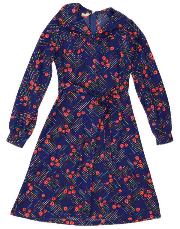 Vintage Dame Langærmet A-Line Kjole UK 14 Medium Blue Floral