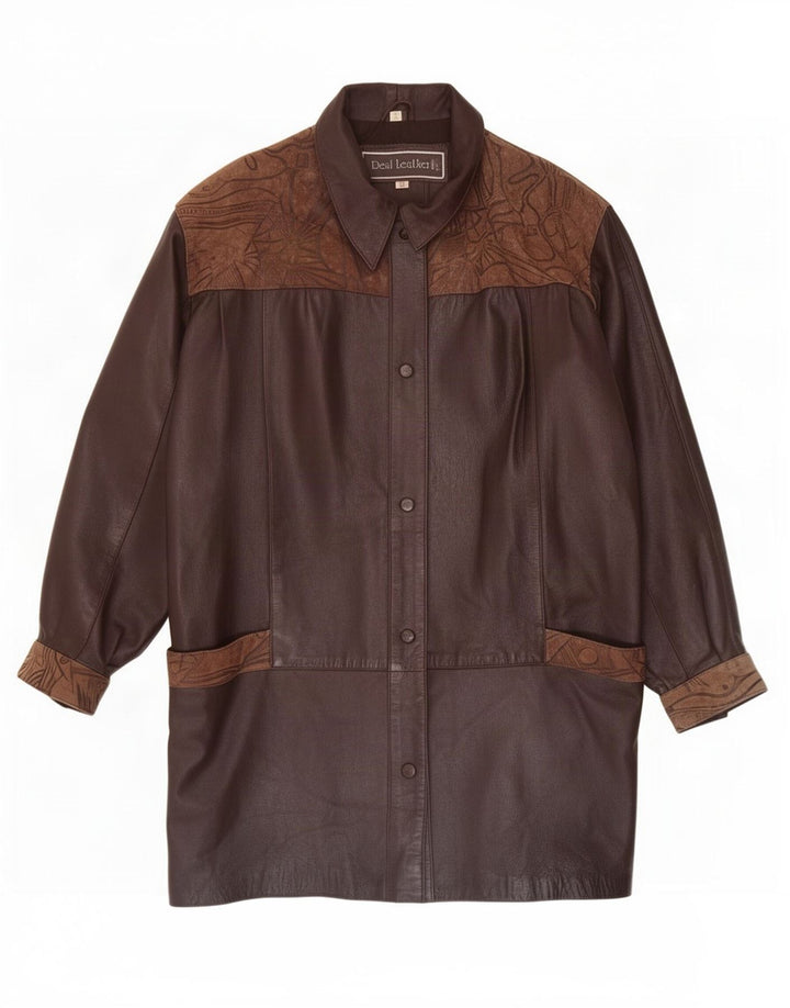 Vintage kvinders oversize læderfrakke UK 18 XL Brun Geometrisk