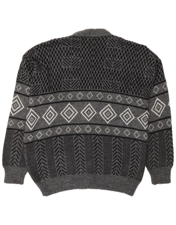 VINTAGE Mens Cardigan Sweater Large Grey Geometric Acrylic
