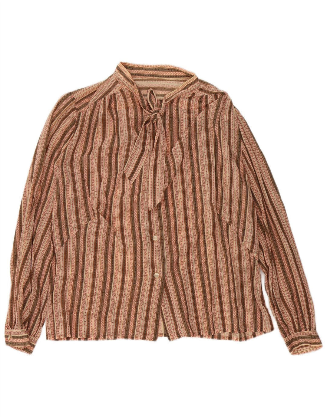 Vintage Dame Front Tie Shirt Bluse UK 16 Stor Brun Stribet