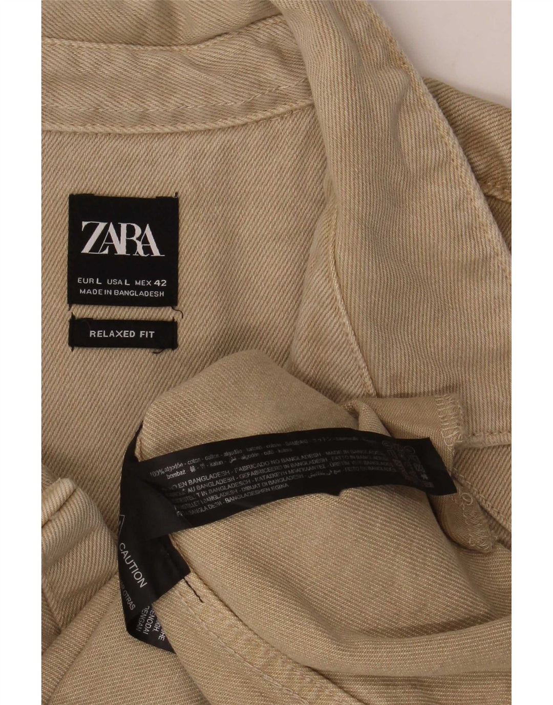Zara Herre Distressed Relaxed Fit denimskjorte Stor beige bomuld