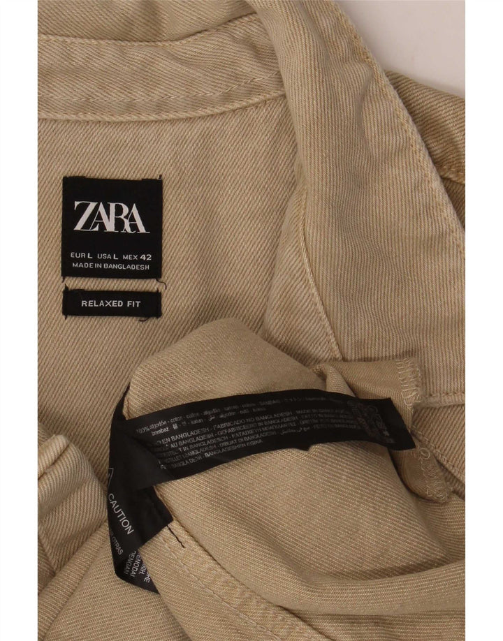 Zara Herre Distressed Relaxed Fit denimskjorte Stor beige bomuld