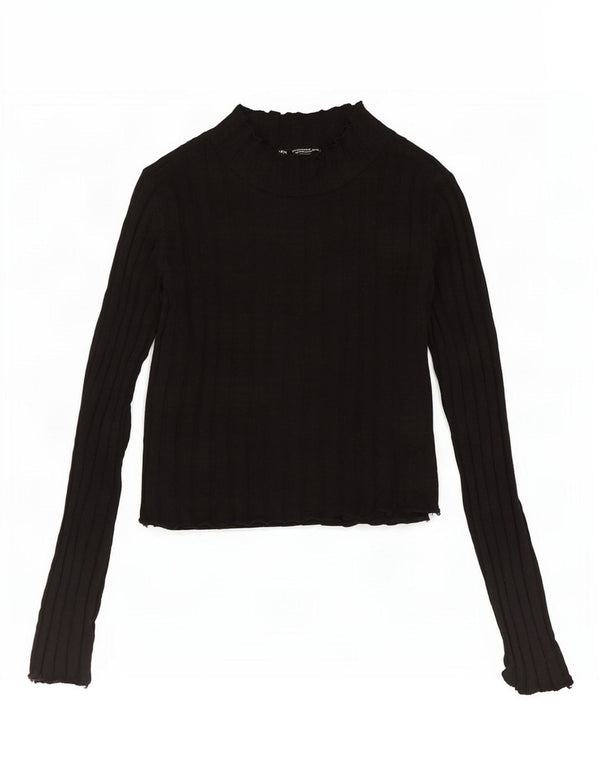 Zara Womens Crop Turtle Neck Jumper Sweater UK 14 Large Black Cotton