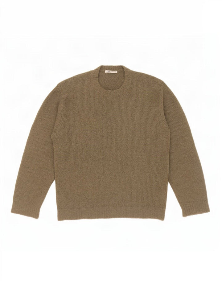 Zara Herre Crew Neck Jumper Sweater Medium Khaki Akryl