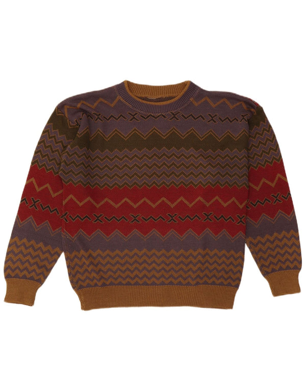 Vintage herre rund hals sweater medium flerfarvet geometrisk