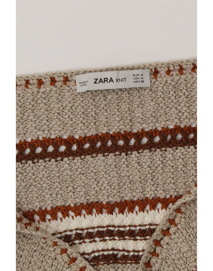 Zara Dame Strik Ærmeløs Crop Top UK 12 Medium Beige Stribet
