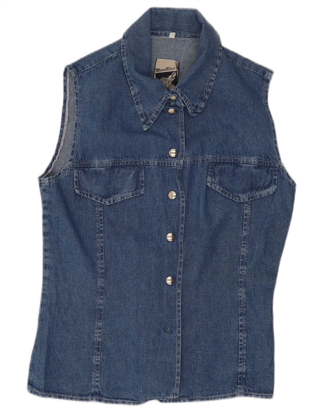 Vintage ærmeløs denimskjorte til kvinder UK 10 Small Blue