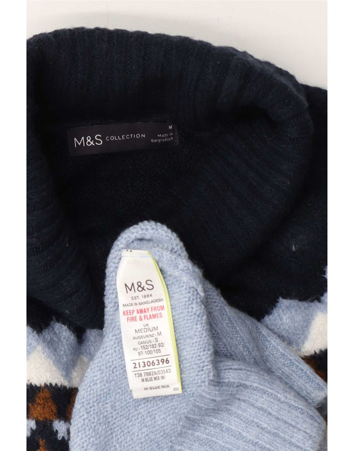 Marks & Spencer Dame Rullehals Sweater UK 14 Medium Blue Geometric