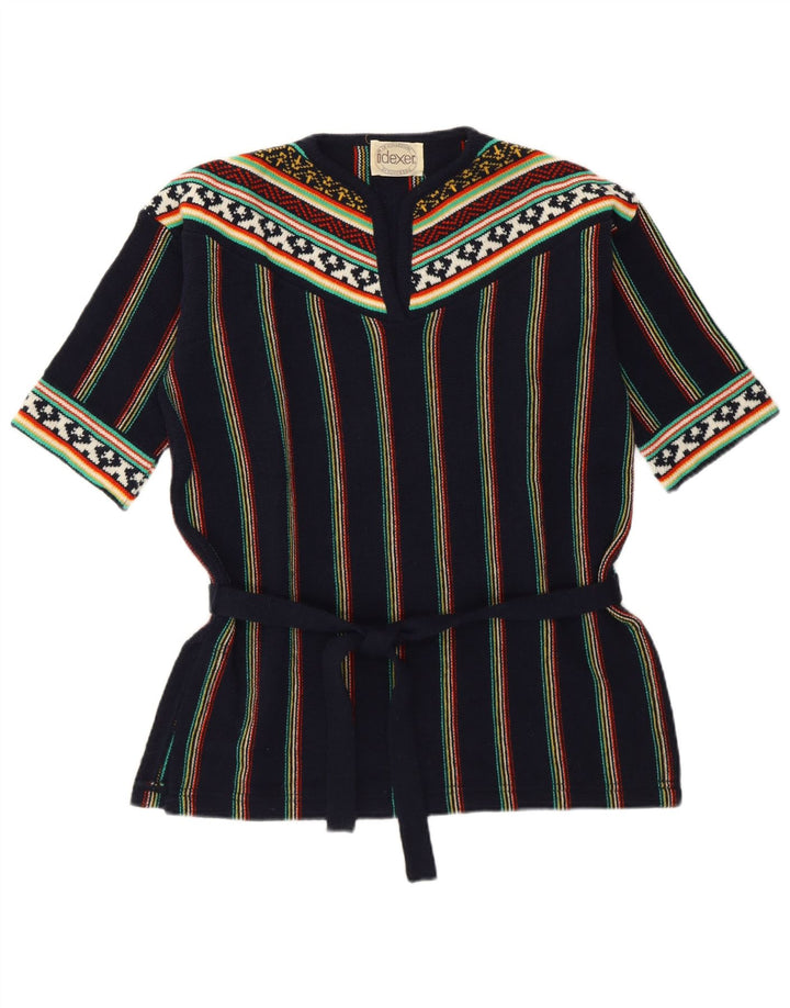 Vintage Dame V-hals sweater UK 12 Medium Marineblå Stribet Retro