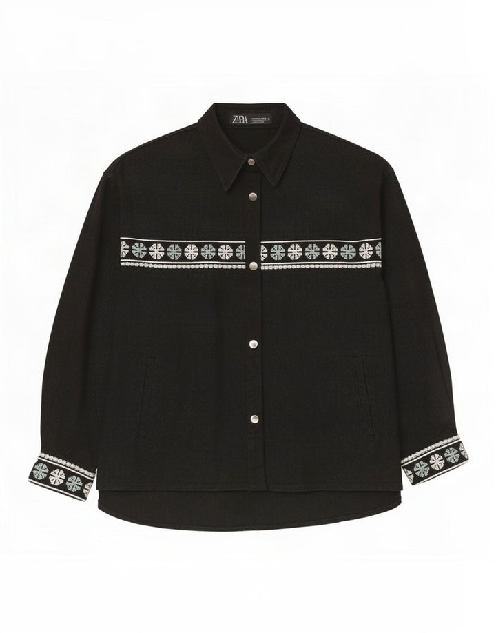 Zara Dame Oversized Shirt UK 14 Medium Sort Geometrisk Bomuld