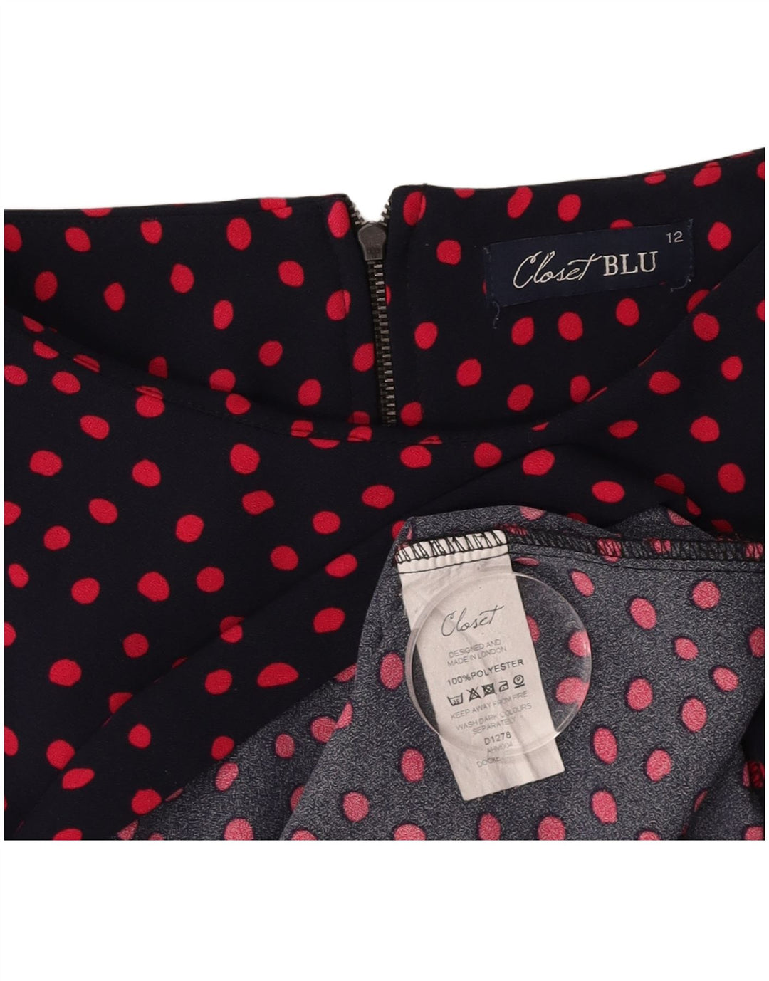 CLOSET Dame Basic Dress UK 12 Medium Navy Blue Polka Dot Polyester