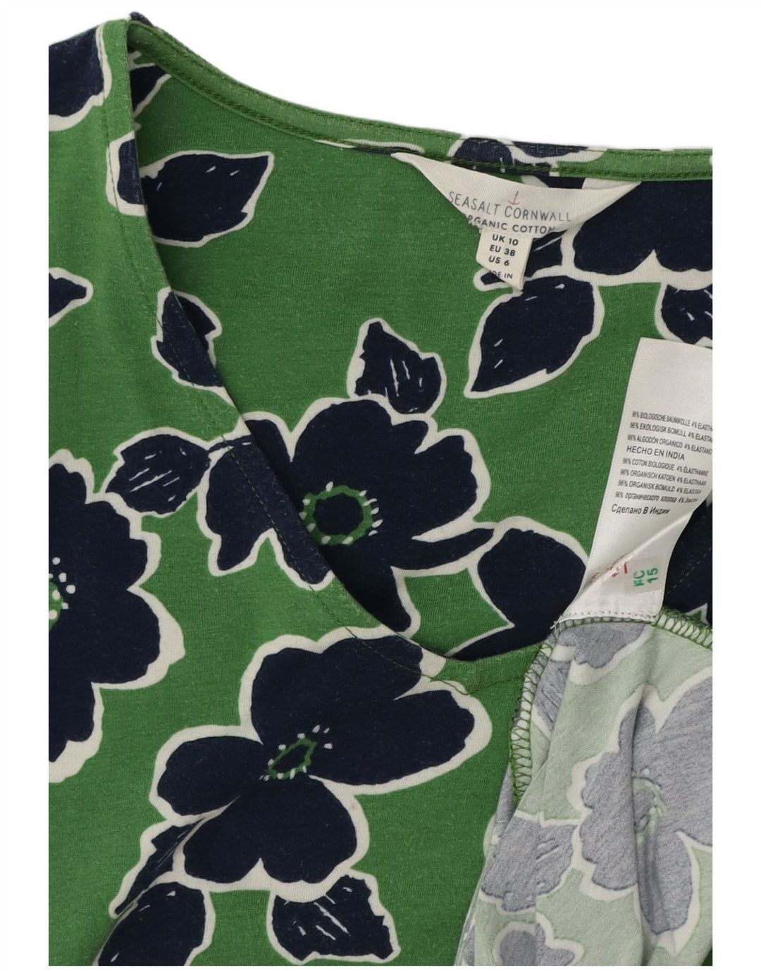 SEASALT CORNWALL Kvinder A-Line Kjole UK 10 Small Green Floral Bomuld