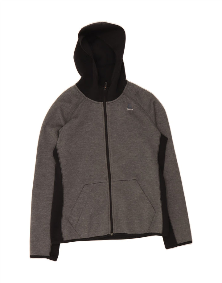 REEBOK Womens Zip Hoodie Sweater UK 12/14 Medium Grey Colourblock Vintage Reebok and Second-Hand Reebok from Messina Hembry 