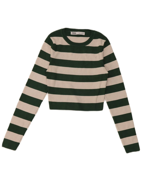 Zara Dame Crop Top Langærmet UK 8 Lille Grøn Stribet Viscose