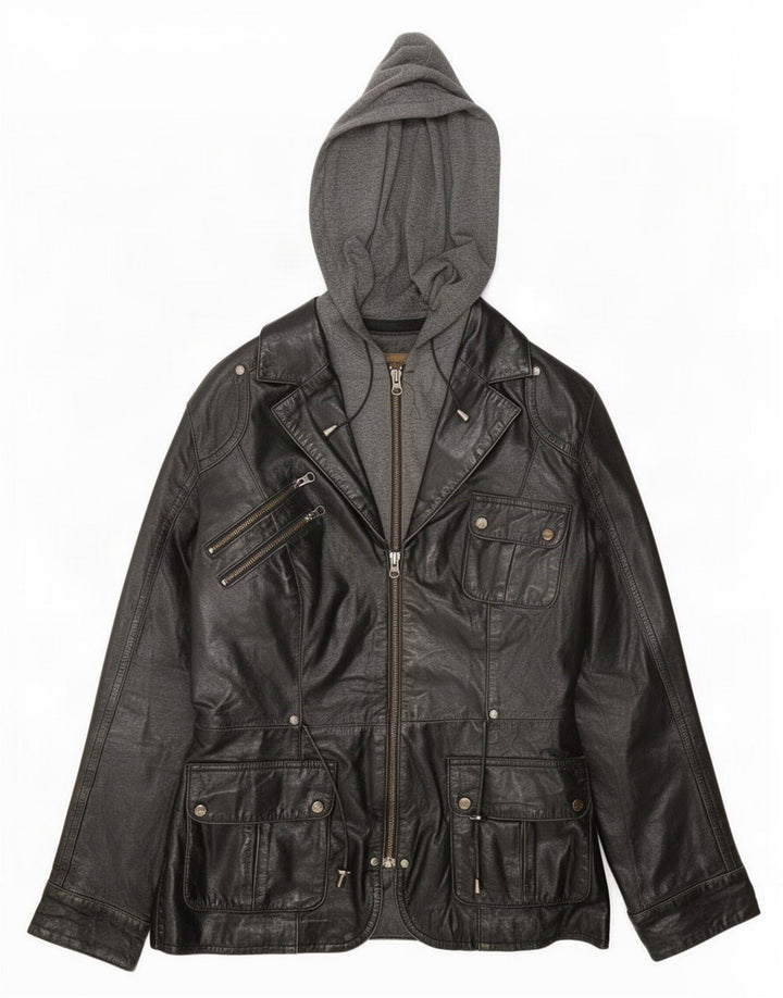 Conbipel Dame Hooded Læder Utility Jacket IT 42 Medium Black