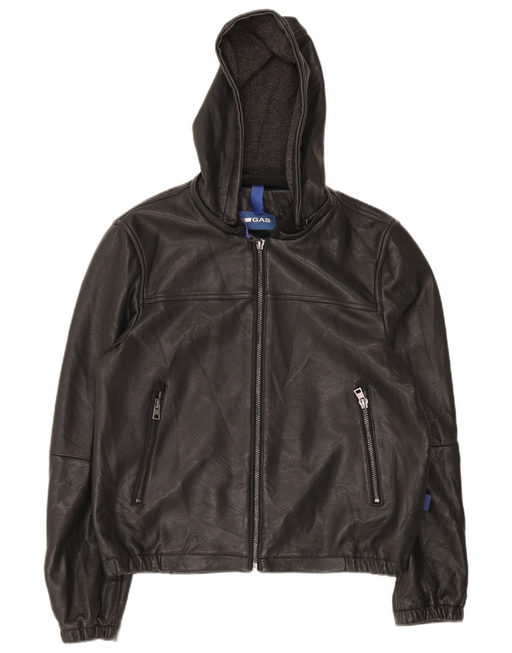 Gas Herre Læder Hooded Bomber Jacket UK 36 Small Black