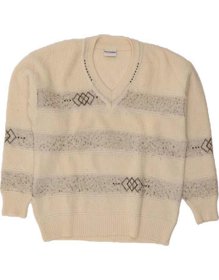FISCHER Mens V-Neck Jumper Sweater IT 52 Large Beige Geometric Polyacrylic Vintage Fischer and Second-Hand Fischer from Messina Hembry 