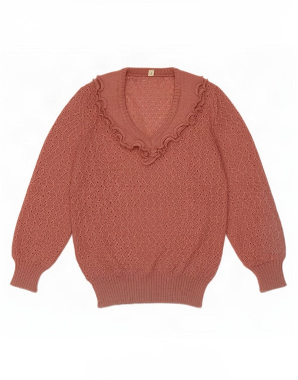 Vintage Womens Ruffle Front V-Neck Jumper Sweater IT 44 Medium Pink