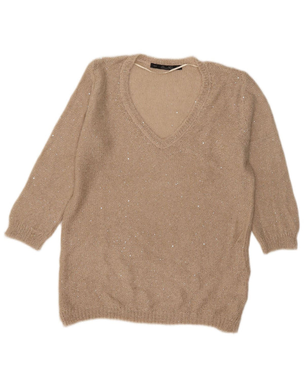 Zara Dame 3/4 ærmet V-hals sweater UK 16 Stor Beige Polyester