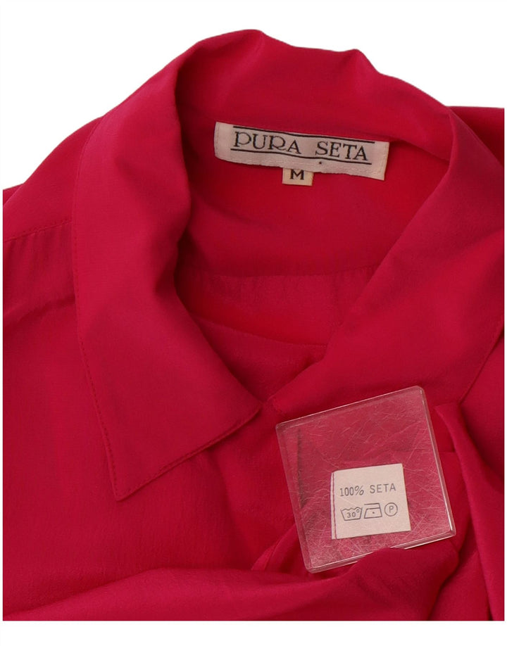 VINTAGE skjortebluse til kvinder UK 14 Medium Pink Silke