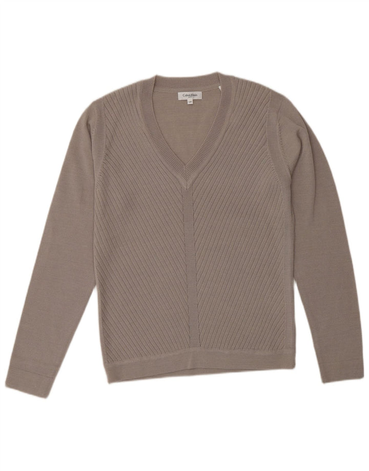 CALVIN KLEIN Dame Golf V-hals sweater UK 10 Small Beige Uld