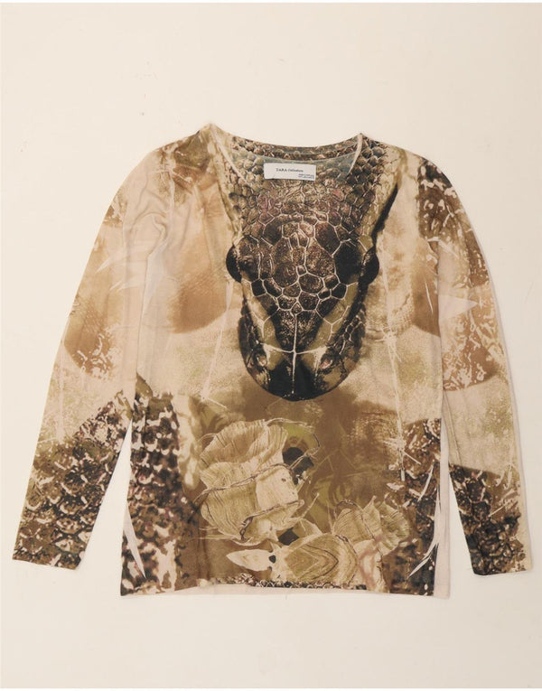 Zara Dame Grafisk Top Langærmet UK 16 Large Beige Animal Print