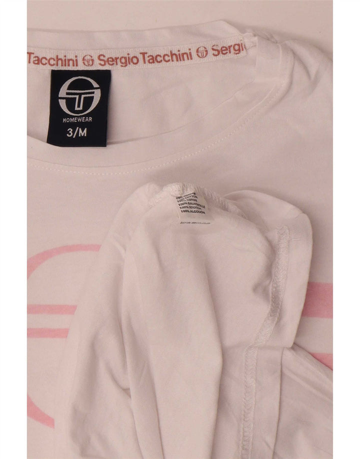 Sergio Tacchini Dame Grafisk Top Langærmet UK 14 Medium Hvid Stribet