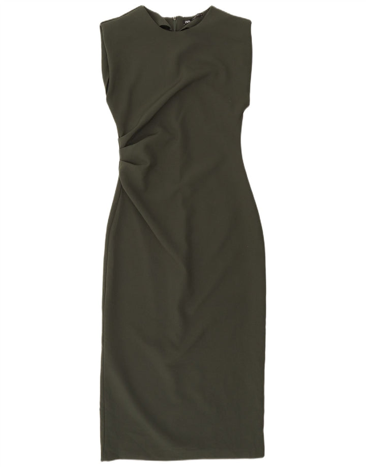 Zara Kvinders Ærmeløs Skede Kjole UK 12 Medium Khaki Polyester