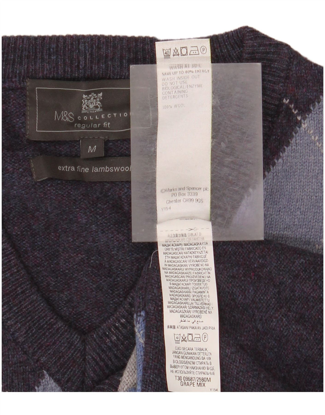 Marks & Spencer Herre V-hals sweater Medium Lilla Argyle/Diamond