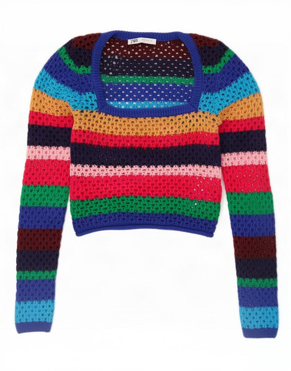 Zara Womens Crop Boat Neck Jumper Sweater UK 8 Small Multicolored Striped