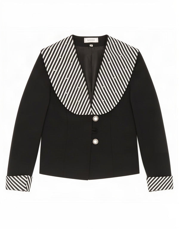 Vintage Womens 3 Button Blazer Jacket UK 14 Medium Black Striped Polyester