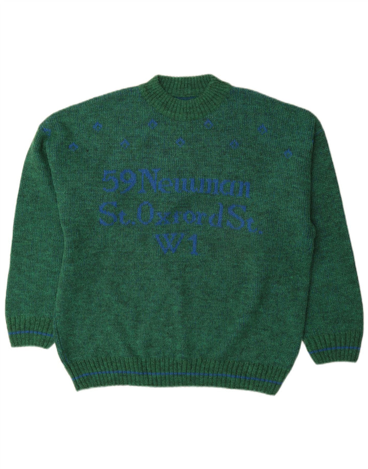 Vintage Herre grafisk rund hals sweater IT 52 stor grøn