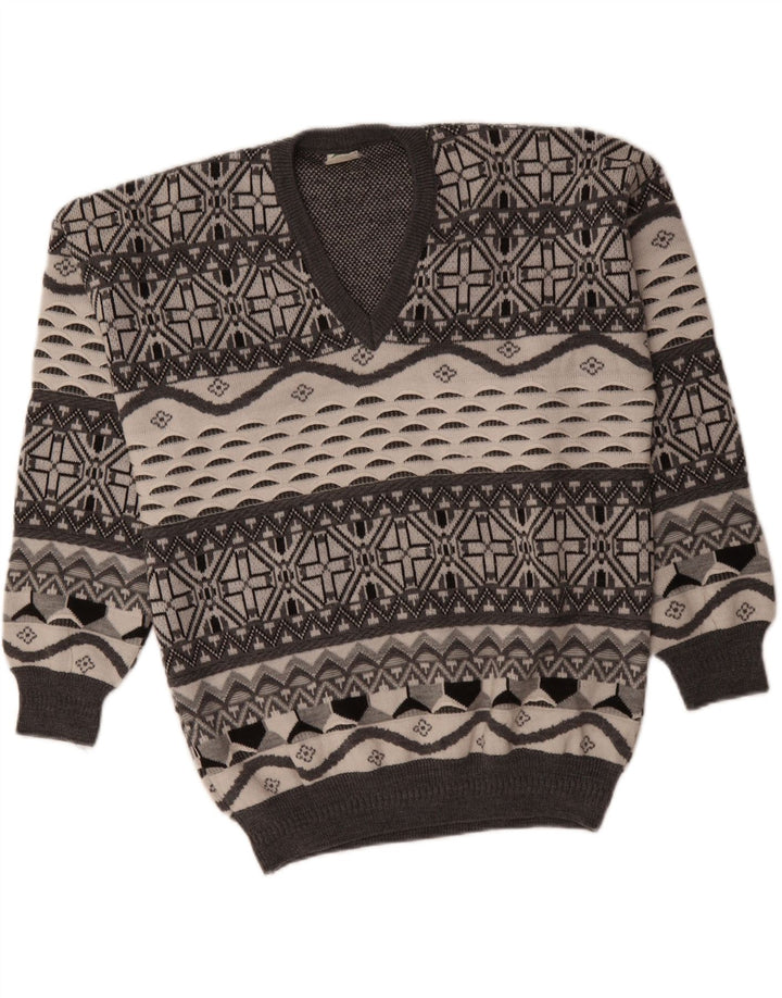 VINTAGE Mens V-Neck Jumper Sweater Medium Grey Fair Isle Vintage Vintage and Second-Hand Vintage from Messina Hembry 