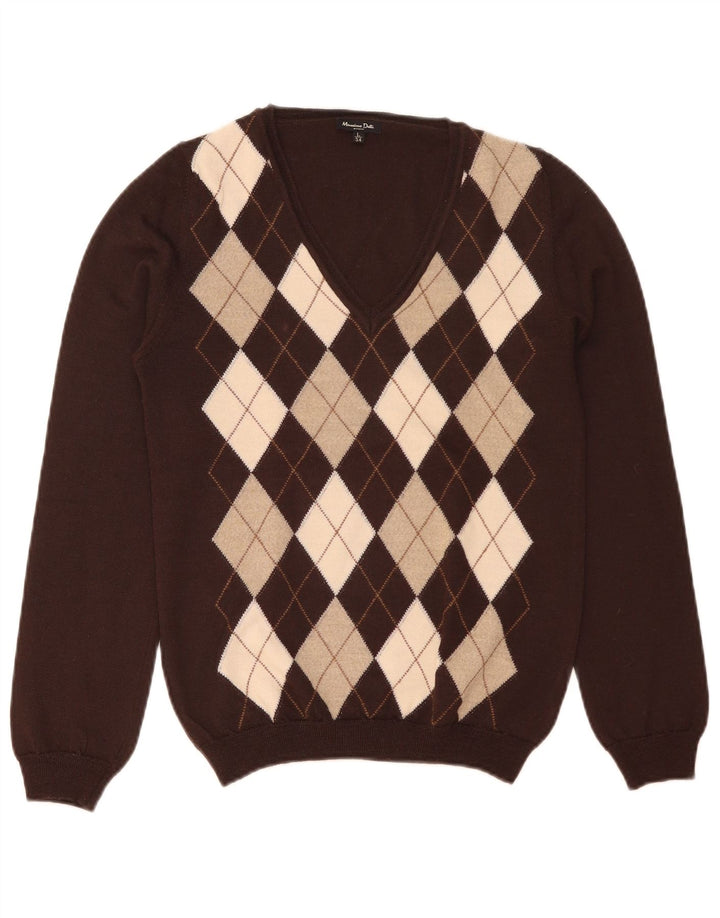 Massimo Dutti Dame V-hals Jumper Sweater UK 14 Large Brown Argyle/Diamond
