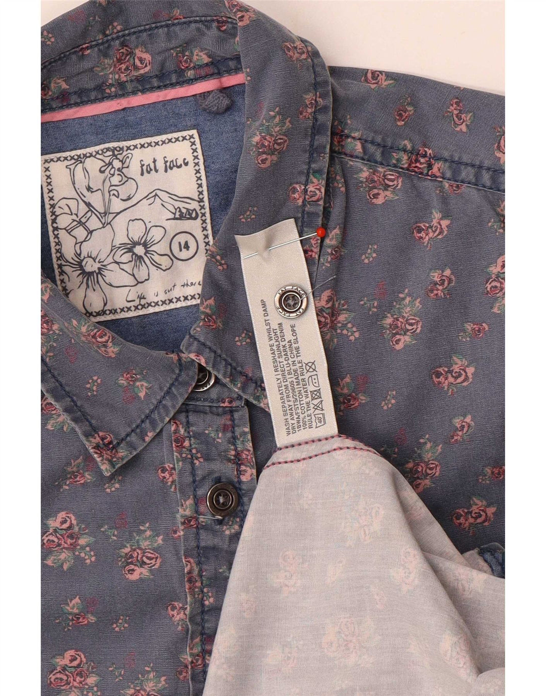 Fat Face Dameskjorte UK 14 Large Blue Floral Cotton