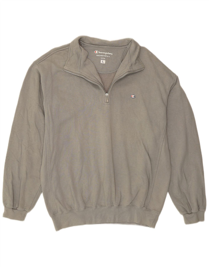 Champion Herre Zip Neck Sweatshirt Jumper Large Grå