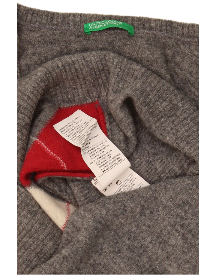 Benetton Dame V-hals sweater UK 14 Large Grey Argyle/Diamond Wool
