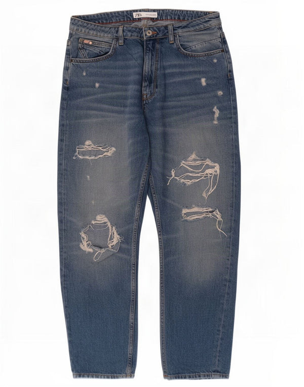 Zara Womens Crop Distressed Tapered Jeans EU 38 Small W28 L26 Blue Cotton
