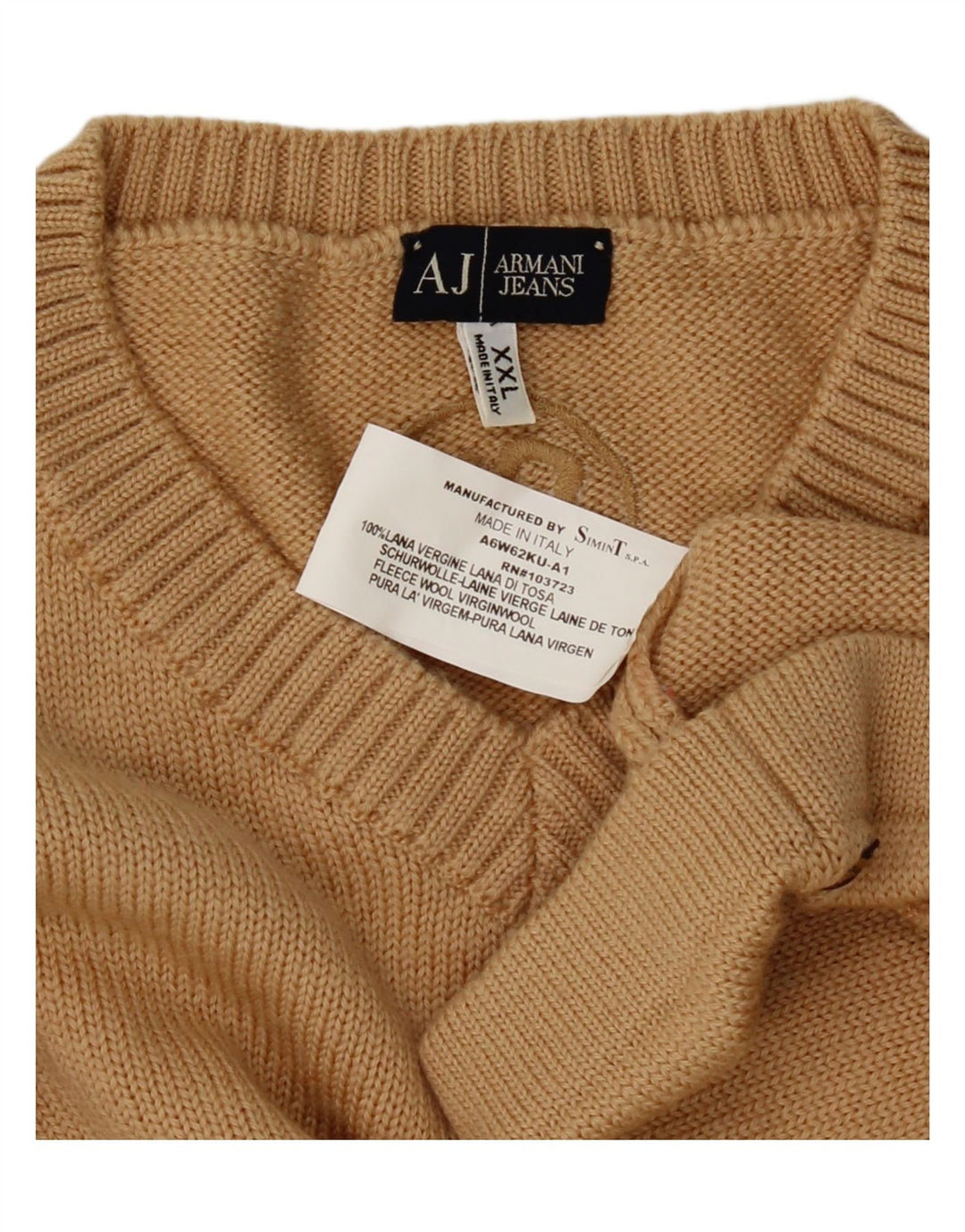 ARMANI JEANS Mens V-Neck Jumper Sweater 2XL Beige Wool Vintage Armani Jeans and Second-Hand Armani Jeans from Messina Hembry 