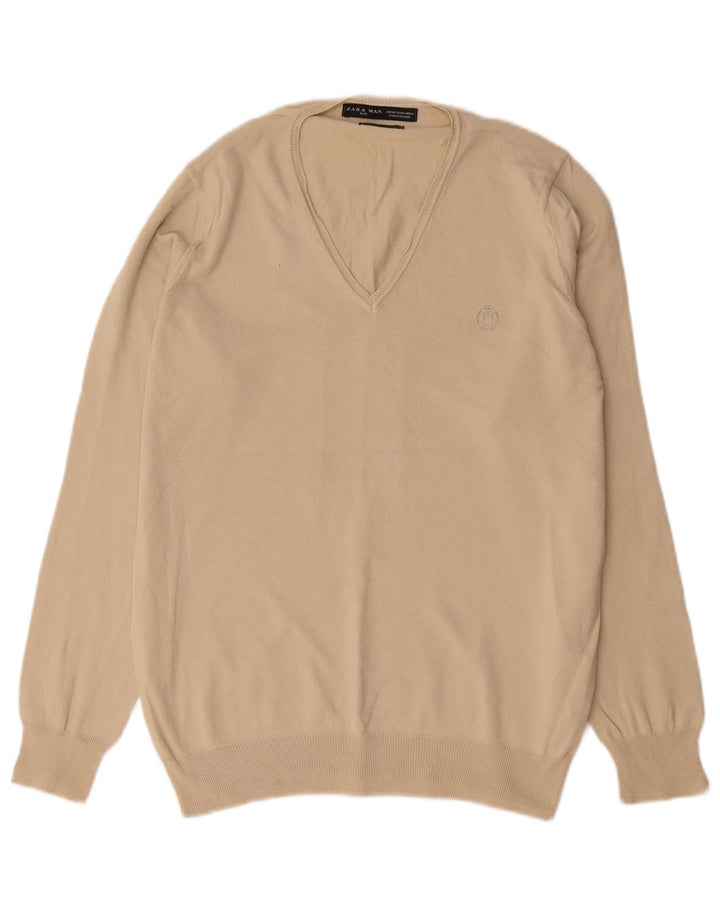 Zara Herre V-hals sweater Medium Beige Bomuld