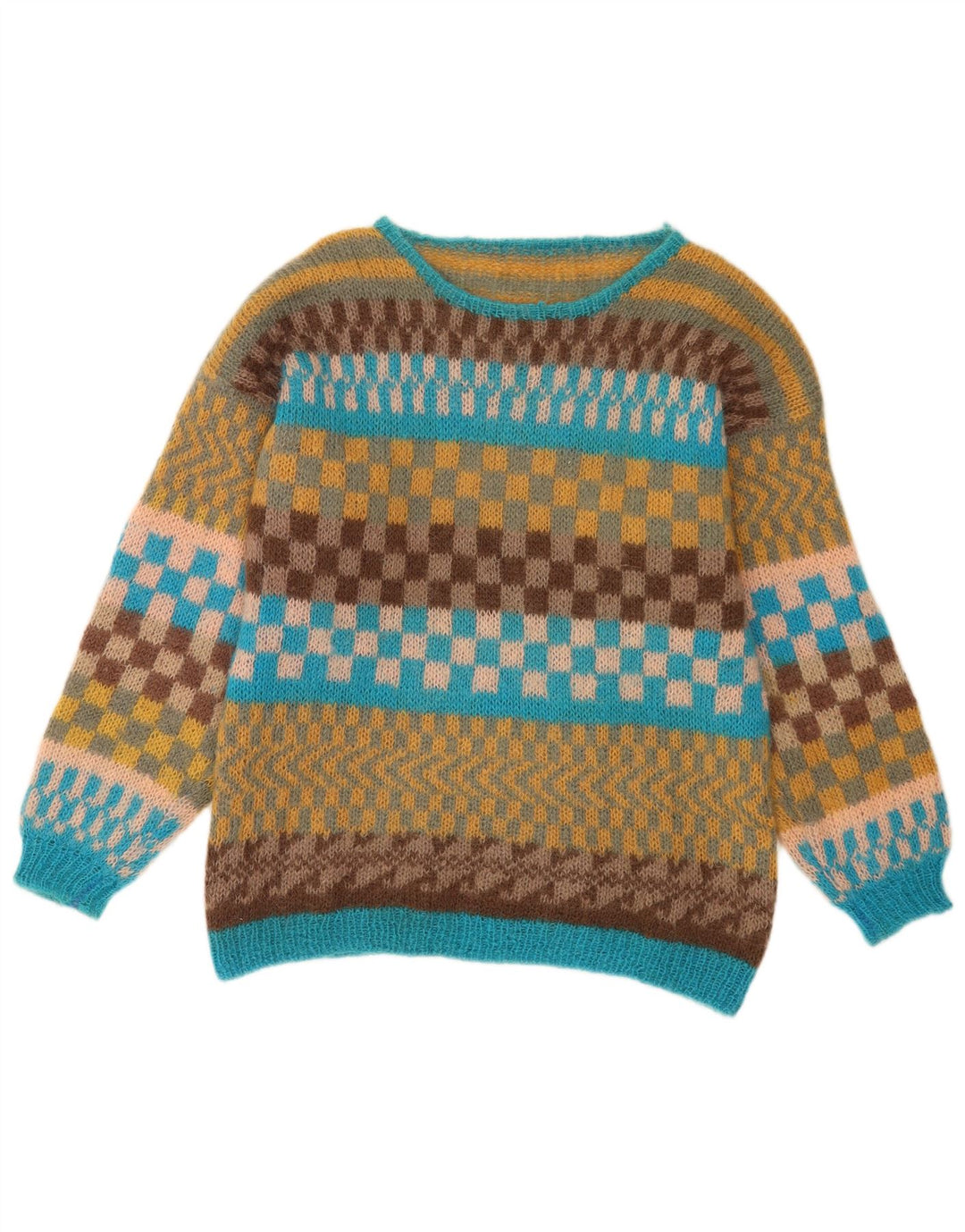 Vintage Herre Boat Neck Jumper Sweater Medium Flerfarvet Geometrisk