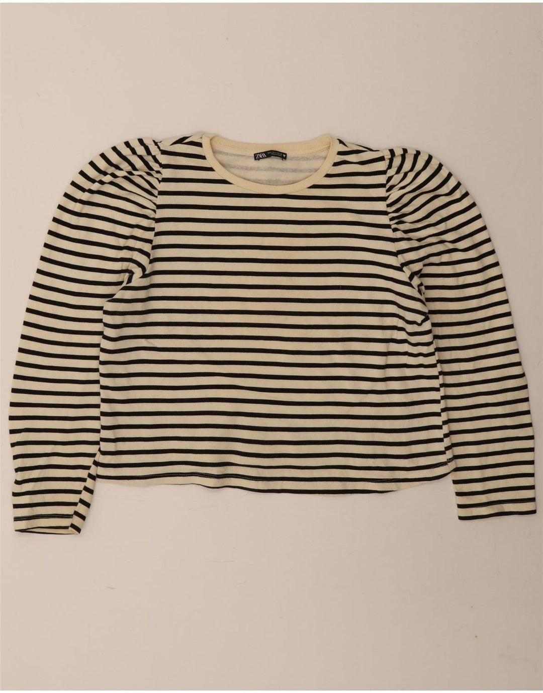 Zara Womens Crop Top Langærmet UK 16 Large Off White Stribet