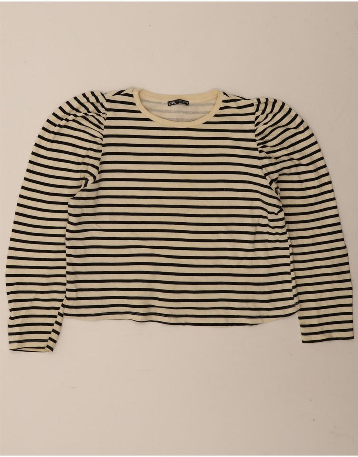 Zara Womens Crop Top Langærmet UK 16 Large Off White Stribet