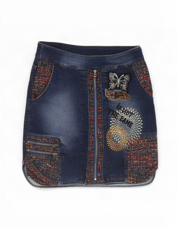 Desigual Womens Graphic Denim Skirt EU 40 Medium W30 Navy Blue Cotton