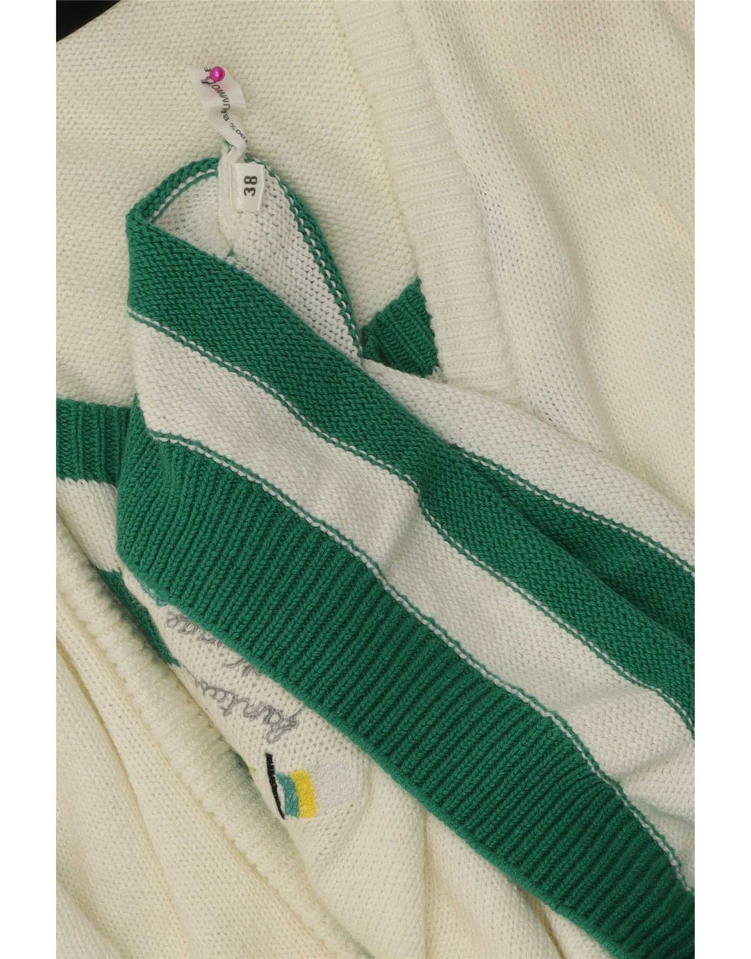 Vintage kvinders grafisk bådhals sweater EU 38 Medium hvid stribet