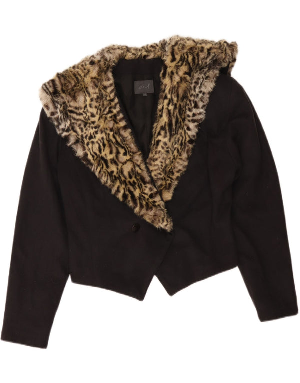 Vintage Dame Crop Blazer Jacket UK 14 Medium Black Animal Print