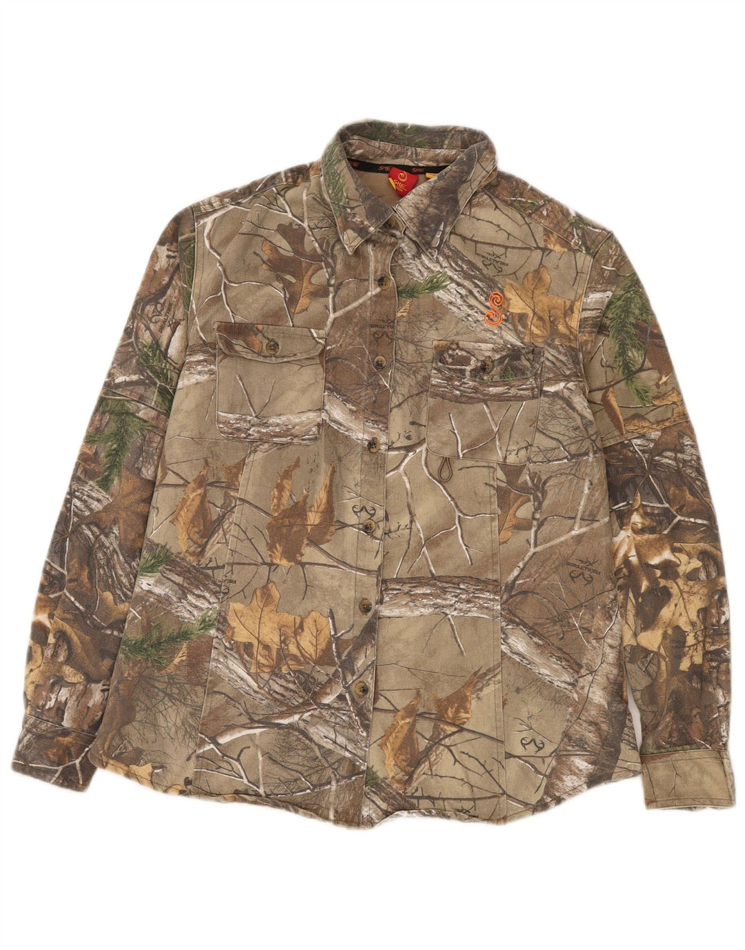 VINTAGE kvinders abstrakt mønster skjorte UK 16 Stor Khaki Colourblock Bomuld