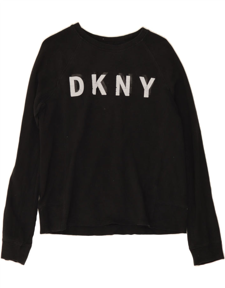 DKNY Womens Graphic Sweatshirt Jumper UK 14 Medium Black Polyester Vintage Dkny and Second-Hand Dkny from Messina Hembry 